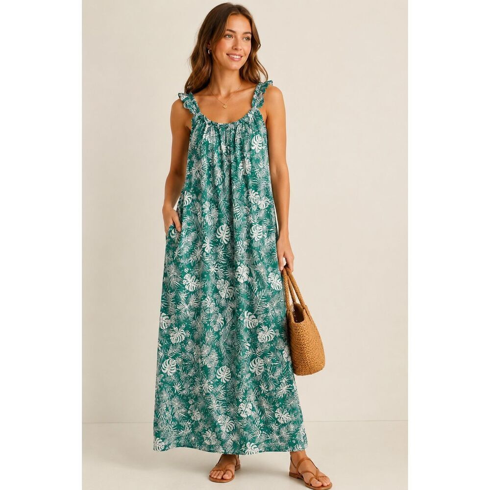 Grace Atwood x The Drop Tropical Palm Print Maxi Dress L Green White